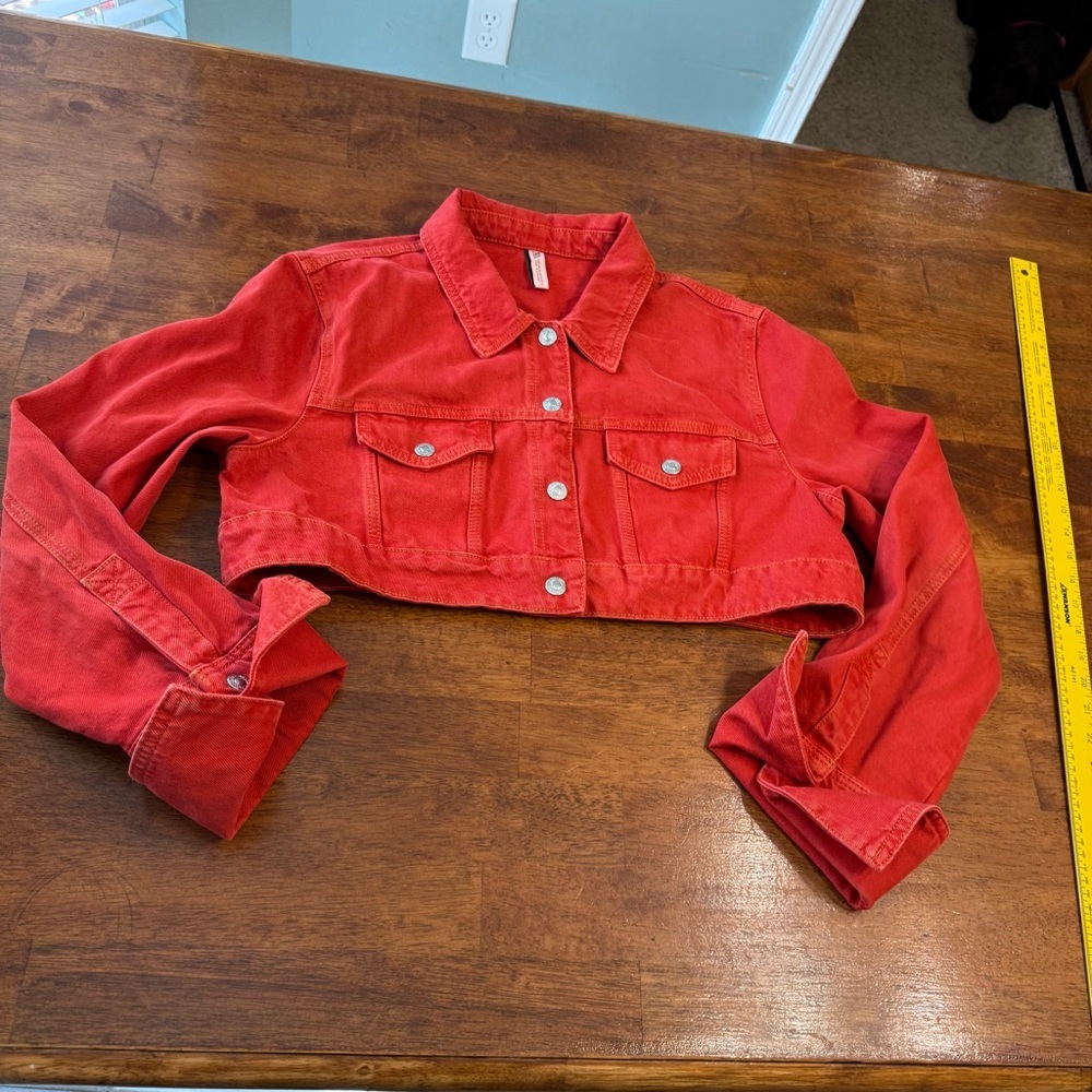 Zara Vibrant Red cropped women’s denim jean Jacket size xxl 100% cotton - Picture 1 of 6